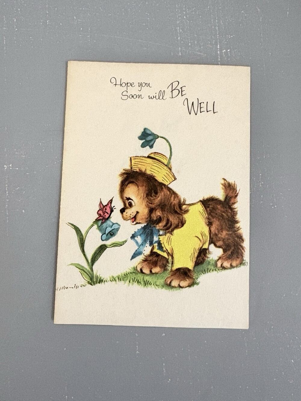 Vintage Sangamon Get Well Card Puppy Dog Illustration Mid Century